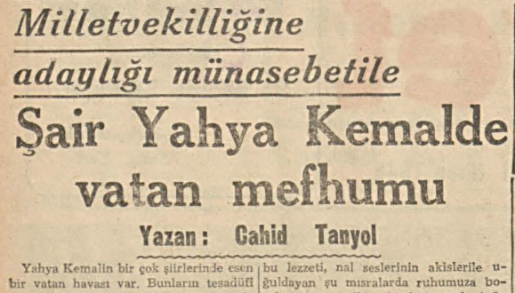 Cahid Tanyol’un “Şair Yahya Kemal’de vatan mefhumu” başlıklı yazısı